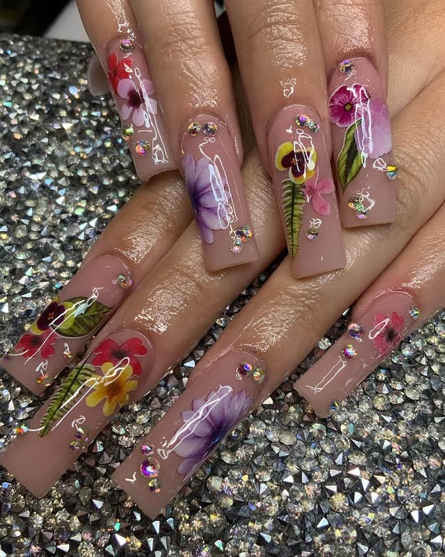 15. Floral Nude Coffin Nails with Rhinestones - easter nail ideas