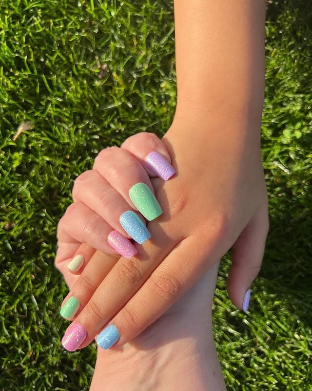 16. Glitter Pastel Square Nails - easter nail ideas