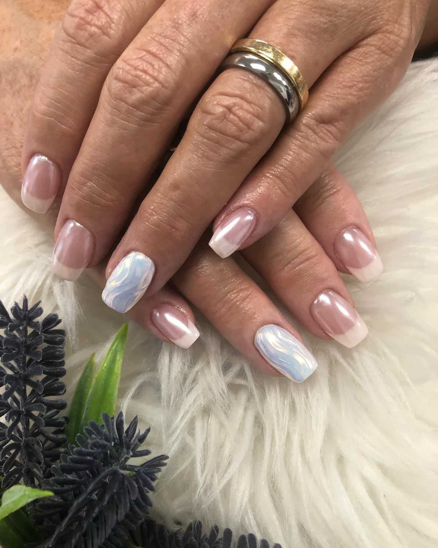 18. Pearly French Tip Marble Nails - easter nail ideas