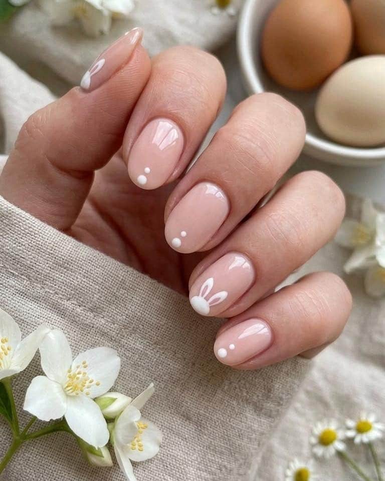 22. Minimal Bunny Accent Nude Pink Nails - easter nail ideas