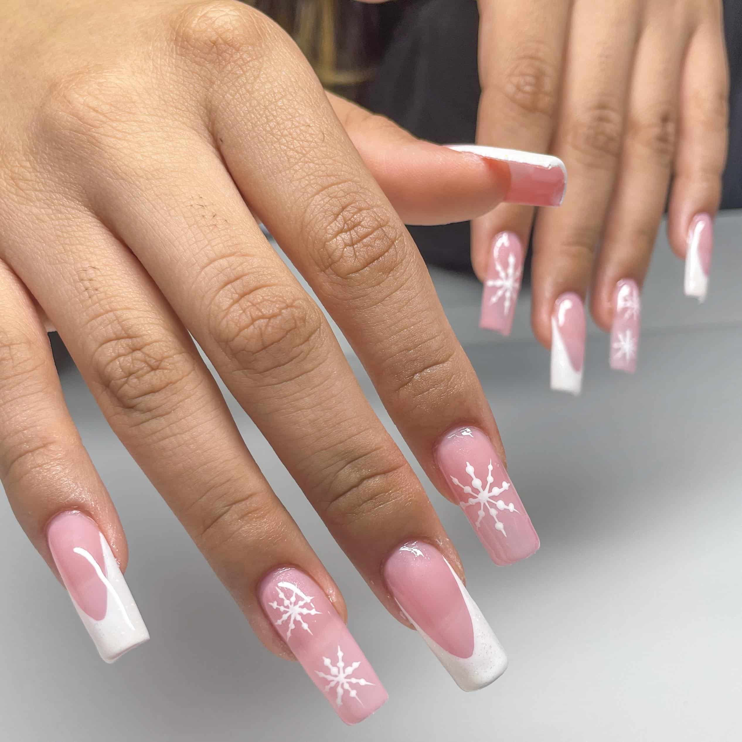 1. Pink Snowflake French Tip Coffin Nails - winter birthday nail ideas
