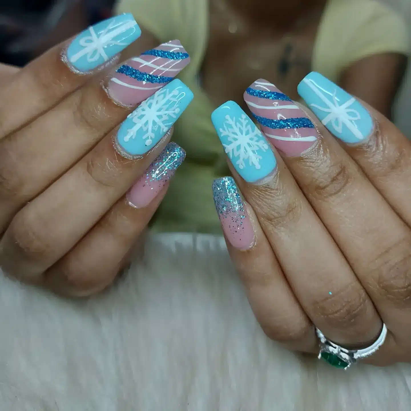 2. Baby Blue and Pink Candy Cane Winter Nails - winter birthday nail ideas