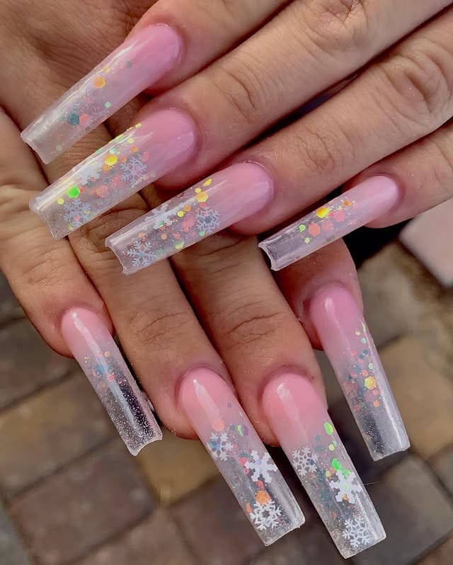 4. Pink Jelly Snowflake Glitter Coffin Nails - winter birthday nail ideas