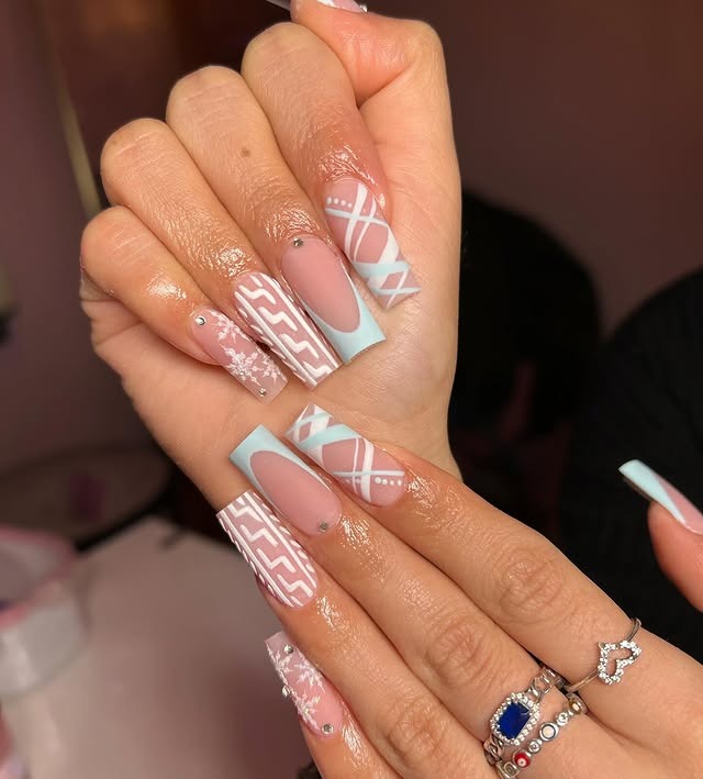 7. Pastel Pink and Blue Sweater Pattern Nails - winter birthday nail ideas