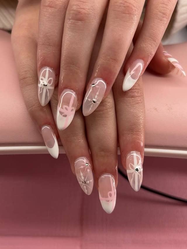8. Pink Bow French Almond Nails - winter birthday nail ideas