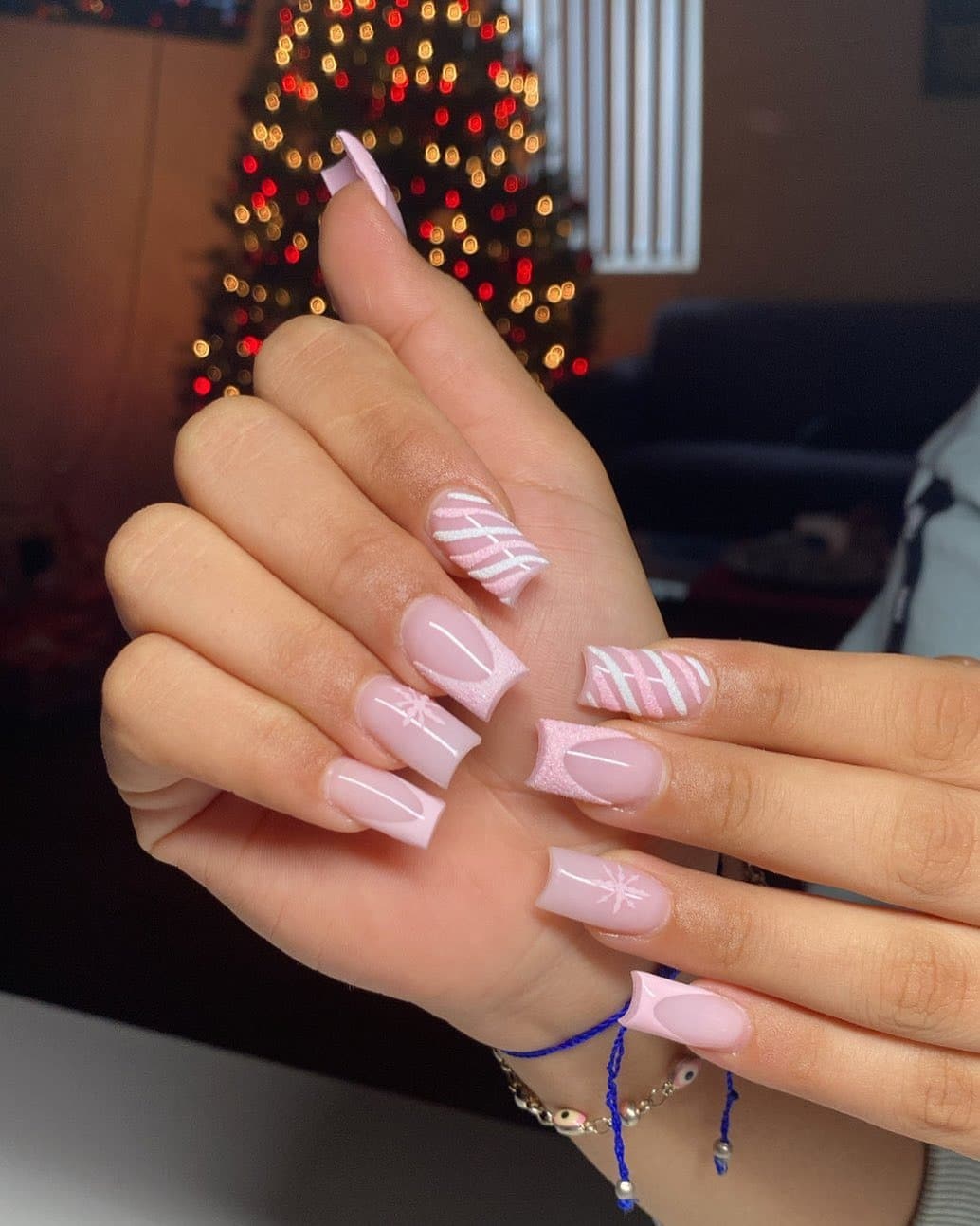 12. Blush Pink Sweater Texture Square Nails - winter birthday nail ideas