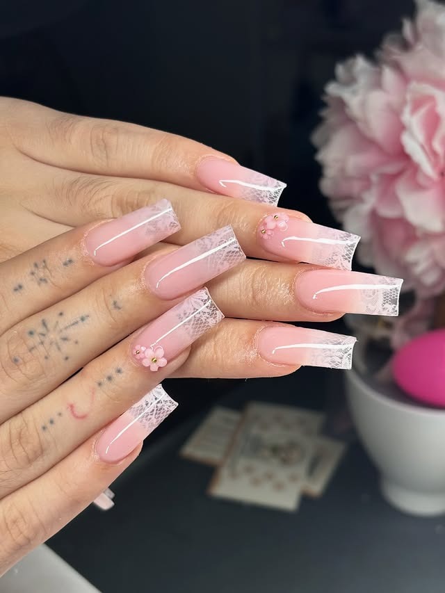 14. Pink Lace French Tip Coffin Nails - winter birthday nail ideas