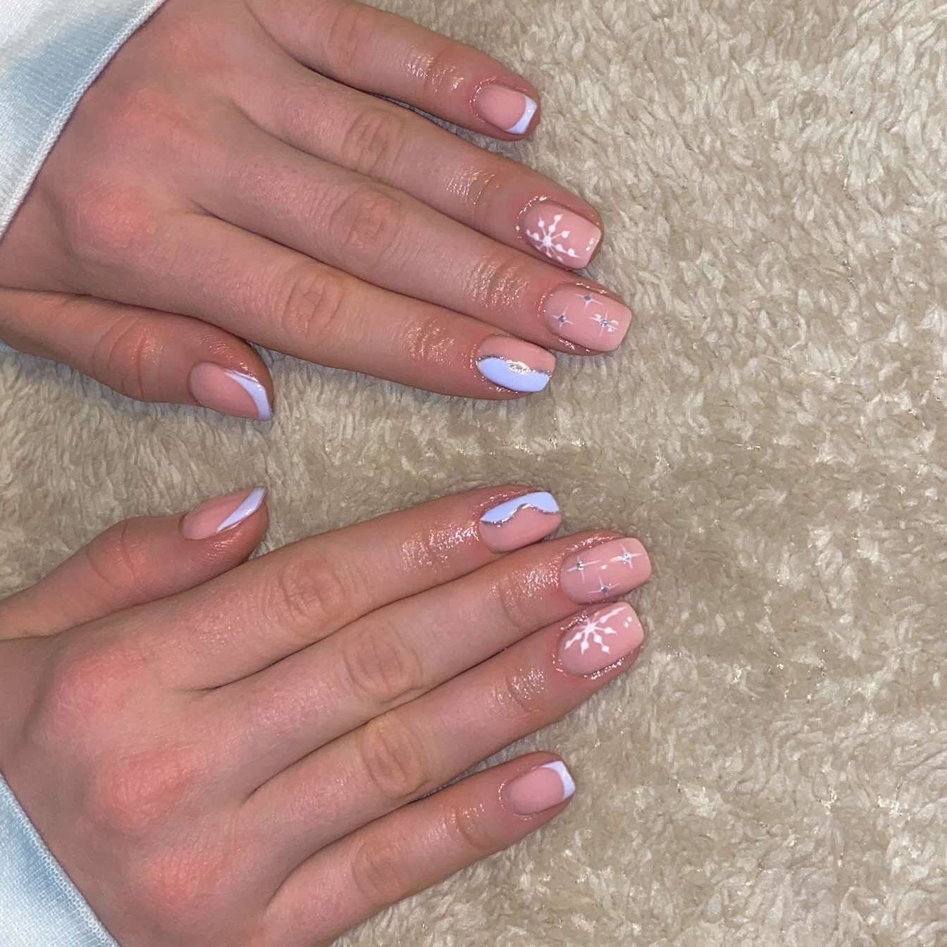 16. Baby Blue Snowflake Short Nails - winter birthday nail ideas