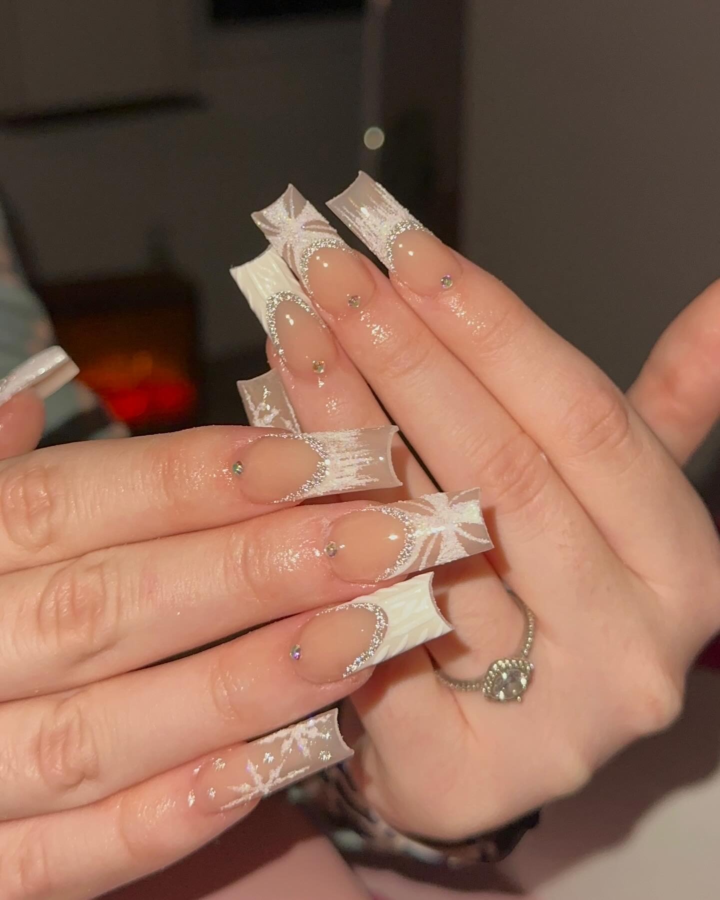 19. White Glitter Snowflake Edge Coffin Nails - winter birthday nail ideas