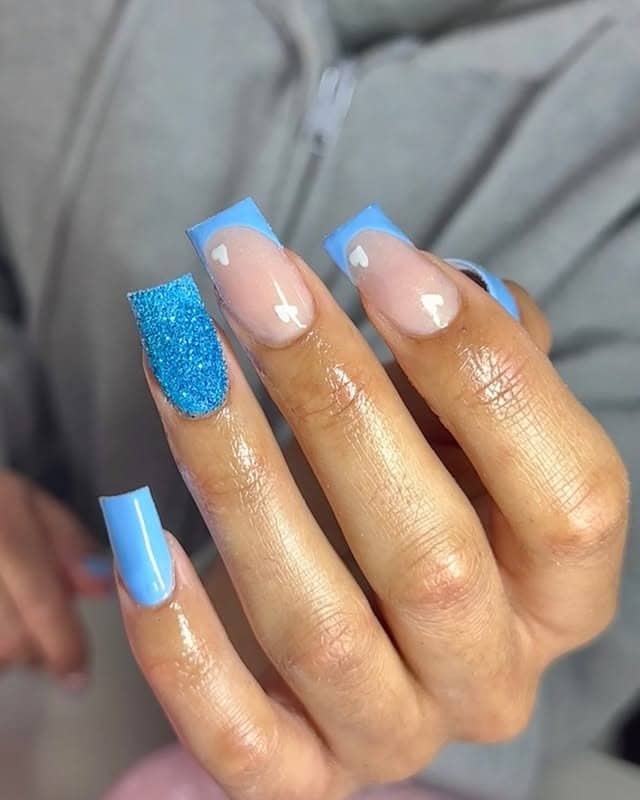 20. Sky Blue French Tip Square Nails - winter birthday nail ideas