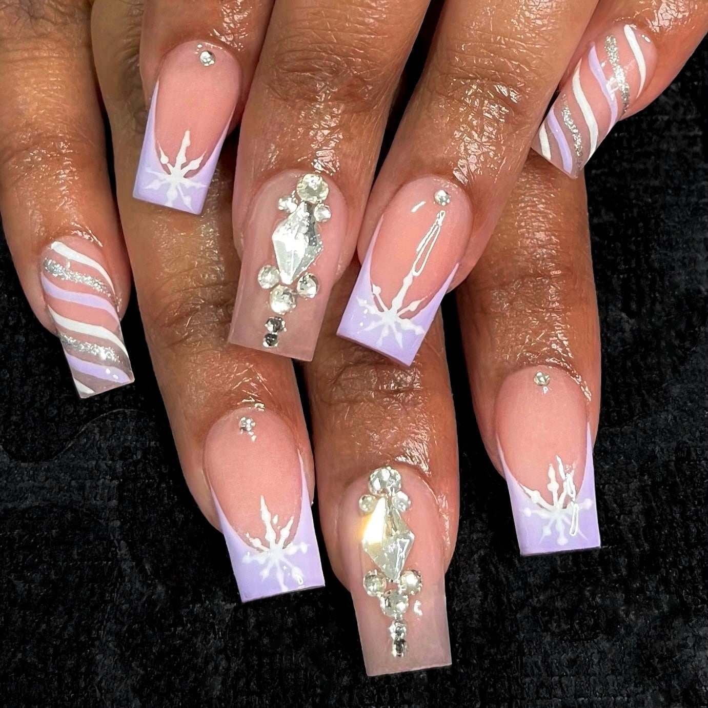 21. Lavender Snowflake Rhinestone Coffin Nails - winter birthday nail ideas