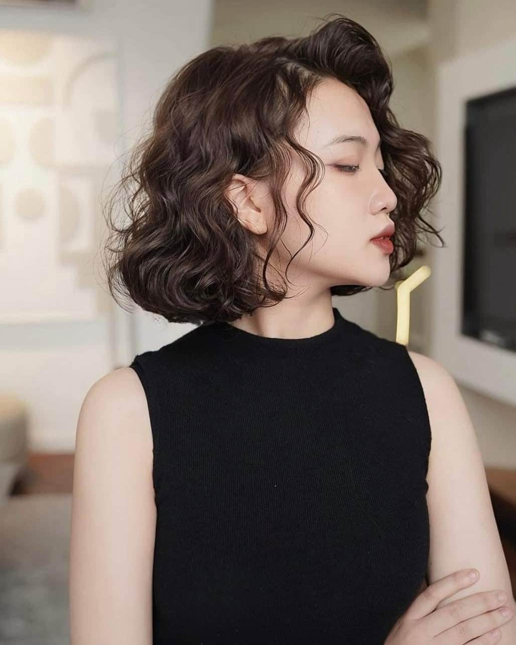 10. French-Inspired Wavy Bob with Dark Mocha Brown Hair - Short Hippie Hairstyles