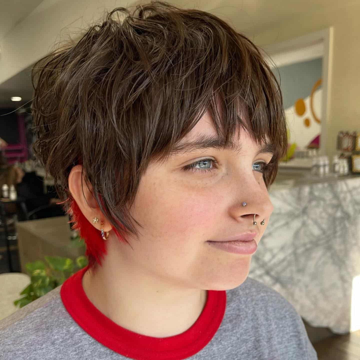 15. Chocolate Brown Shaggy Pixie with Red Underlayer - Shaggy Pixie Hairstyles