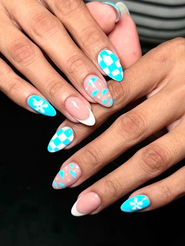 1. Aqua Checkerboard French Manicure with Floral Art - french-manicure-nail-ideas