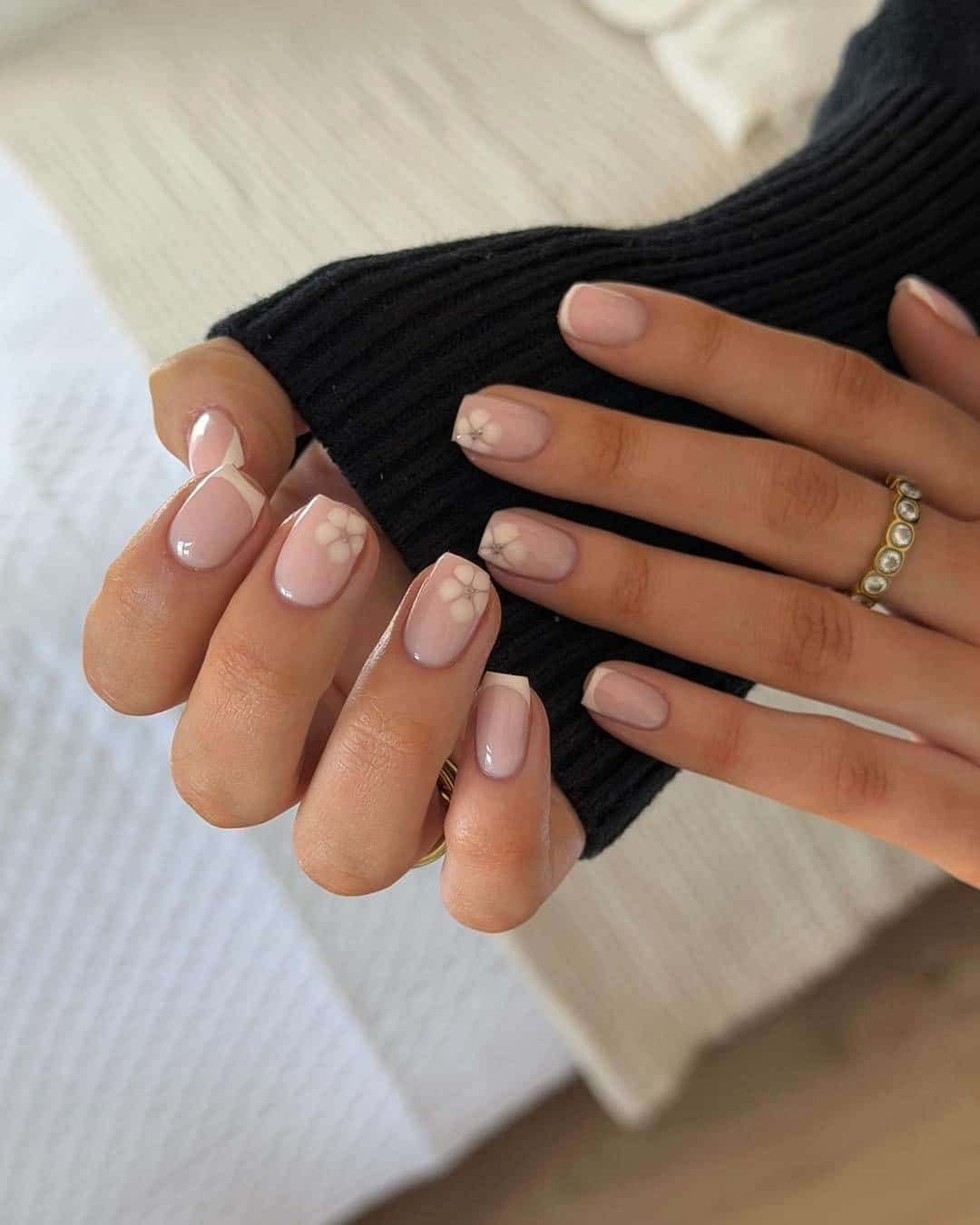 14. Floral French Manicure with Sheer Blush Pink Base - french-manicure-nail-ideas