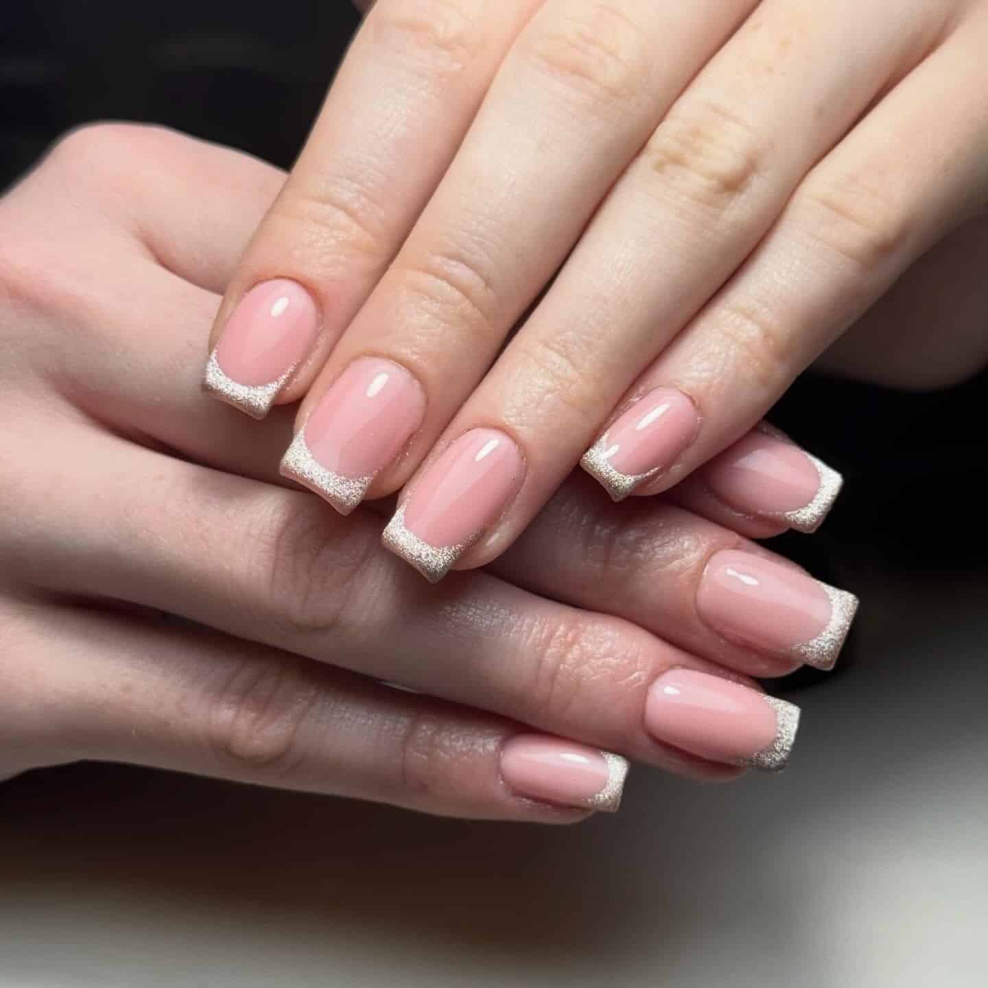 15. Glitter French Manicure with Pink Nude Base - french-manicure-nail-ideas