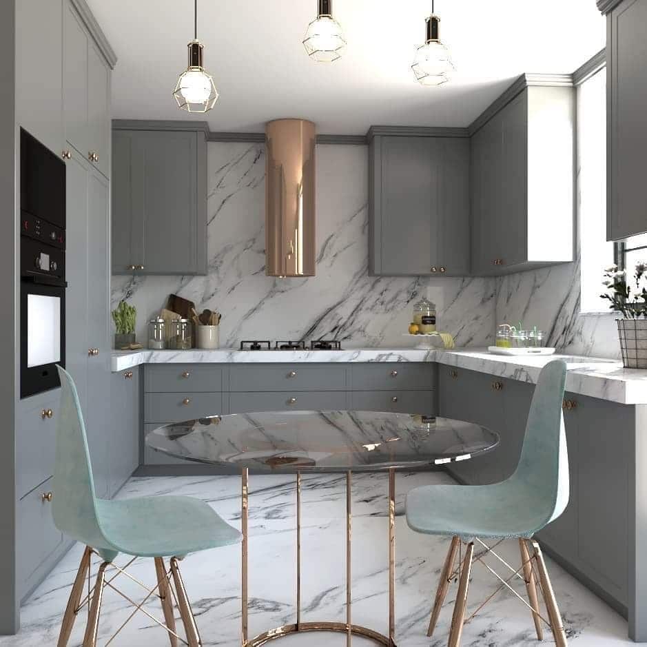 10. Elegant Gray Kitchen with Marble Backsplash - gray kitchen ideas