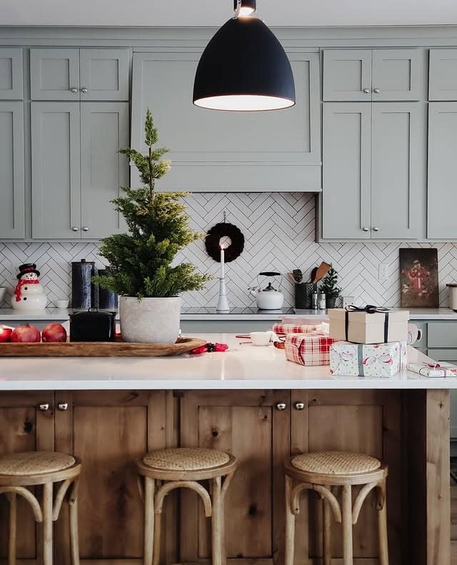 16. Farmhouse Gray Kitchen with Rustic Wood Island - gray kitchen ideas