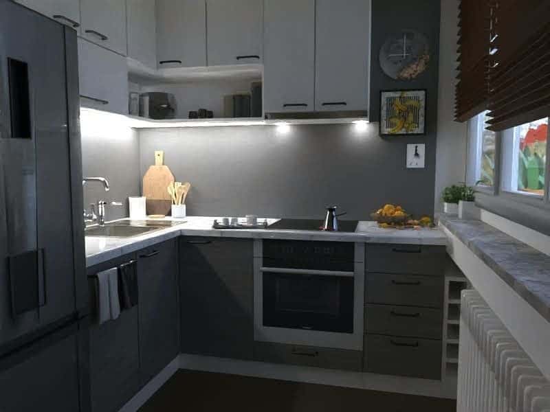 19. Compact Gray Kitchen with Modern Contrast - gray kitchen ideas