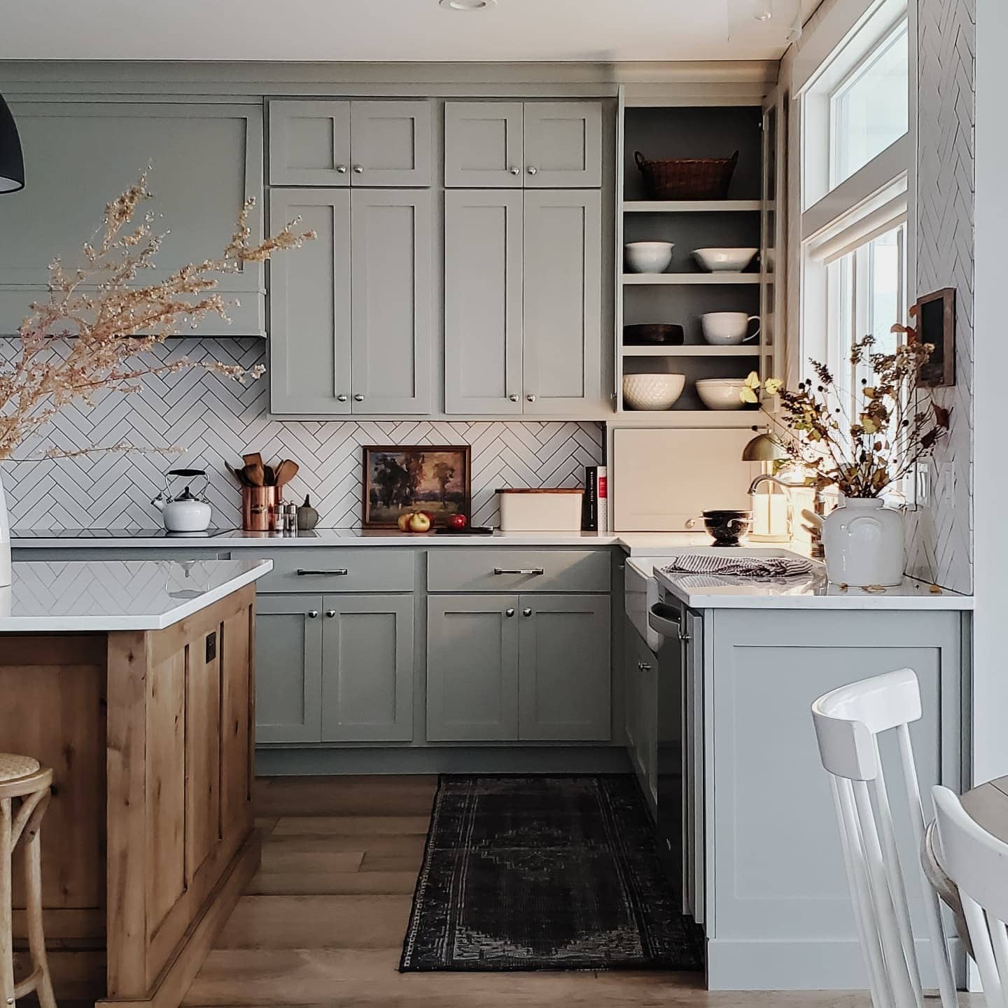 21. Soft Gray Shaker Kitchen with Rustic Wood Island - gray kitchen ideas