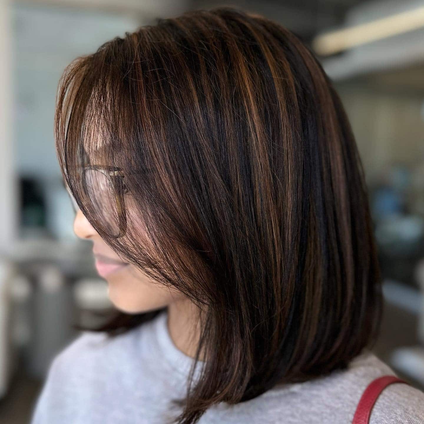 16. Espresso Caramel Mocha Bob with Curtain Bangs - Caramel Mocha Hair Color