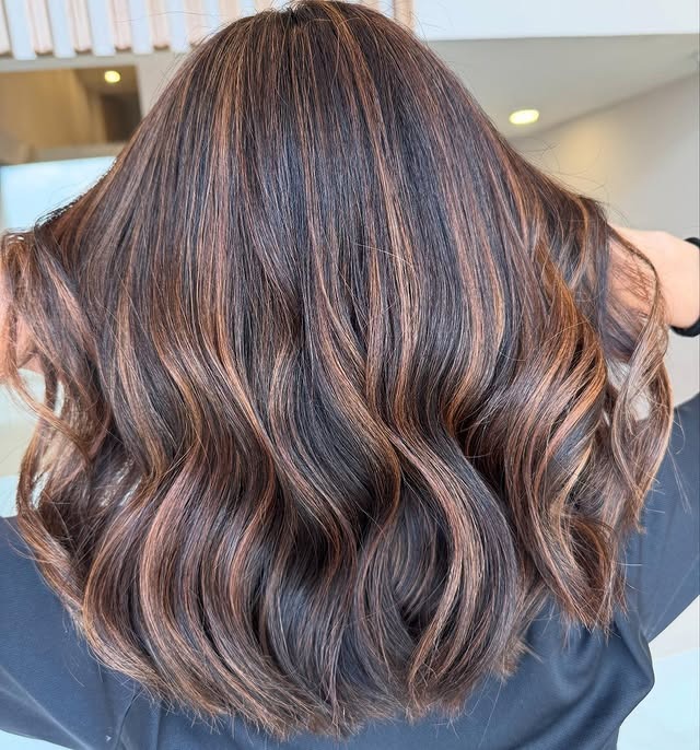 21. Caramel Mocha Textured Lob with Ribbon Highlights - Caramel Mocha Hair Color