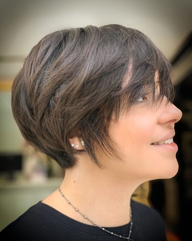 14. Mocha Brown Layered Side-Swept Pixie - Side Swept Pixie