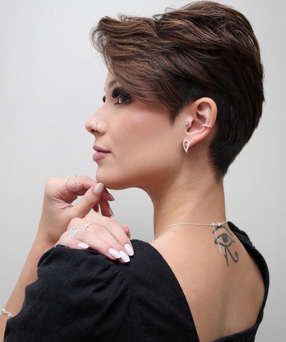 20. Chocolate Brown Voluminous Side-Swept Pixie - Side Swept Pixie