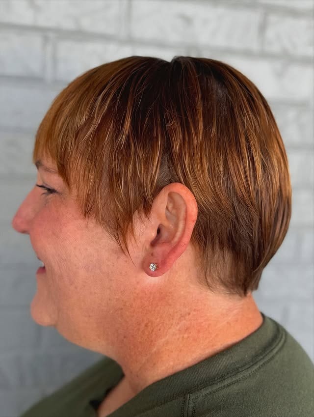 22. Copper Brown Side-Swept Pixie with Undercut Nape - Side Swept Pixie