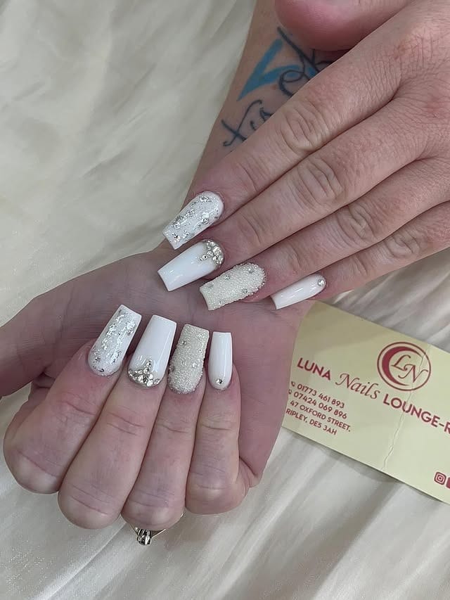 3. White Glam Winter Nails with Sugar Texture - white winter nail ideas