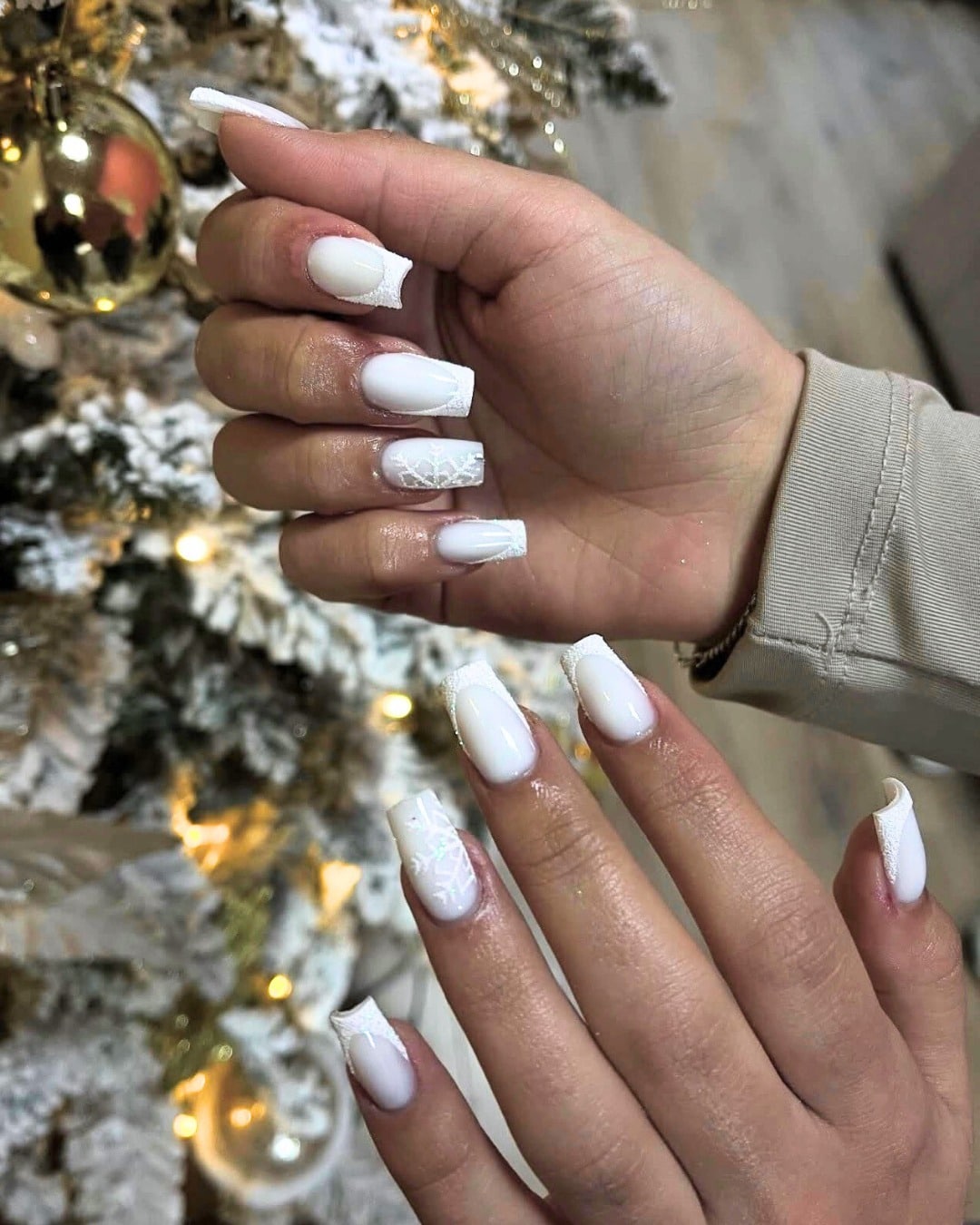 14. Frosted White Snowflake Square Nails - white winter nail ideas