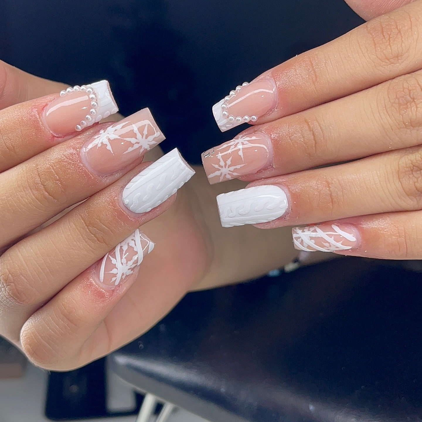 19. White Sweater Knit and Pearl Winter Nails - white winter nail ideas