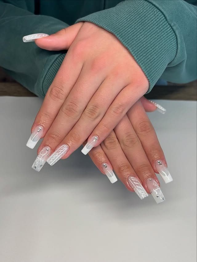 20. Milky White Sweater French Coffin Nails with Crystals - white winter nail ideas