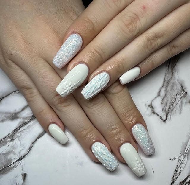 22. Icy White Sweater Texture Square Nails - white winter nail ideas