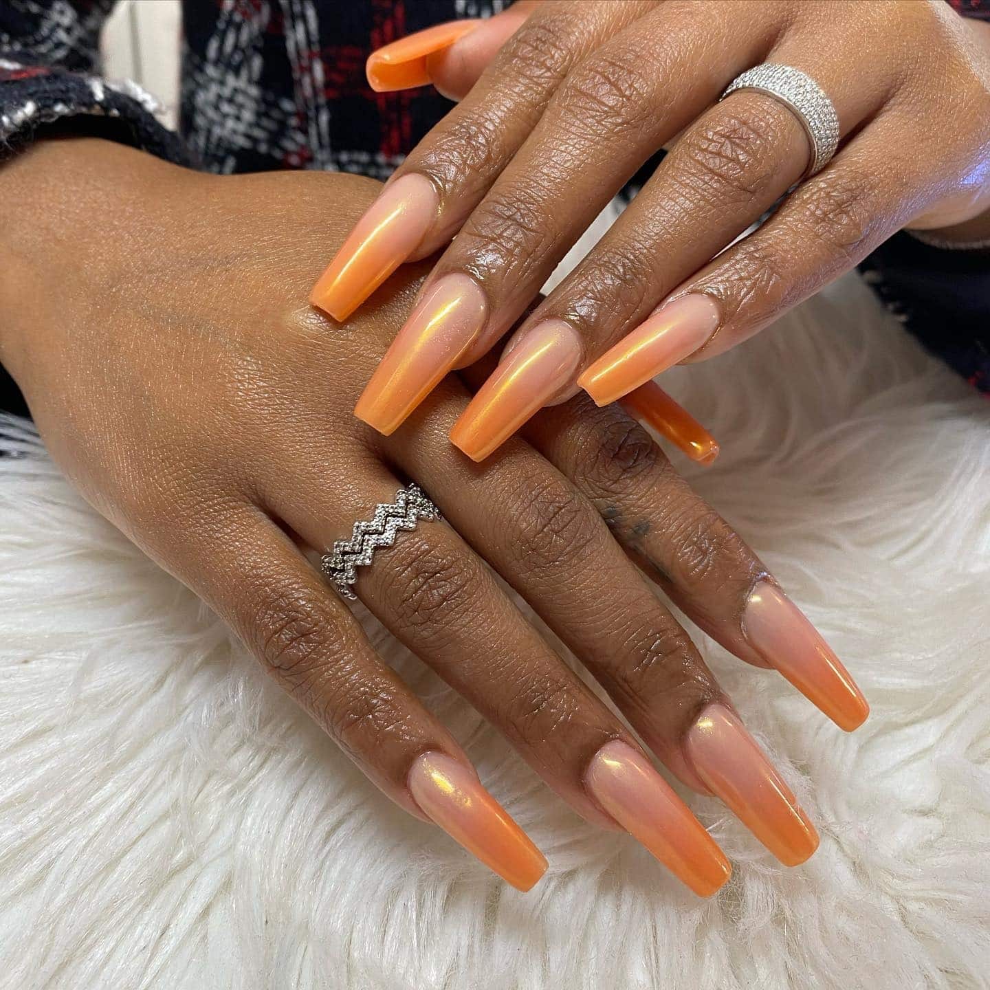 7. Peach Orange Chrome Coffin Nails - orange color nail ideas