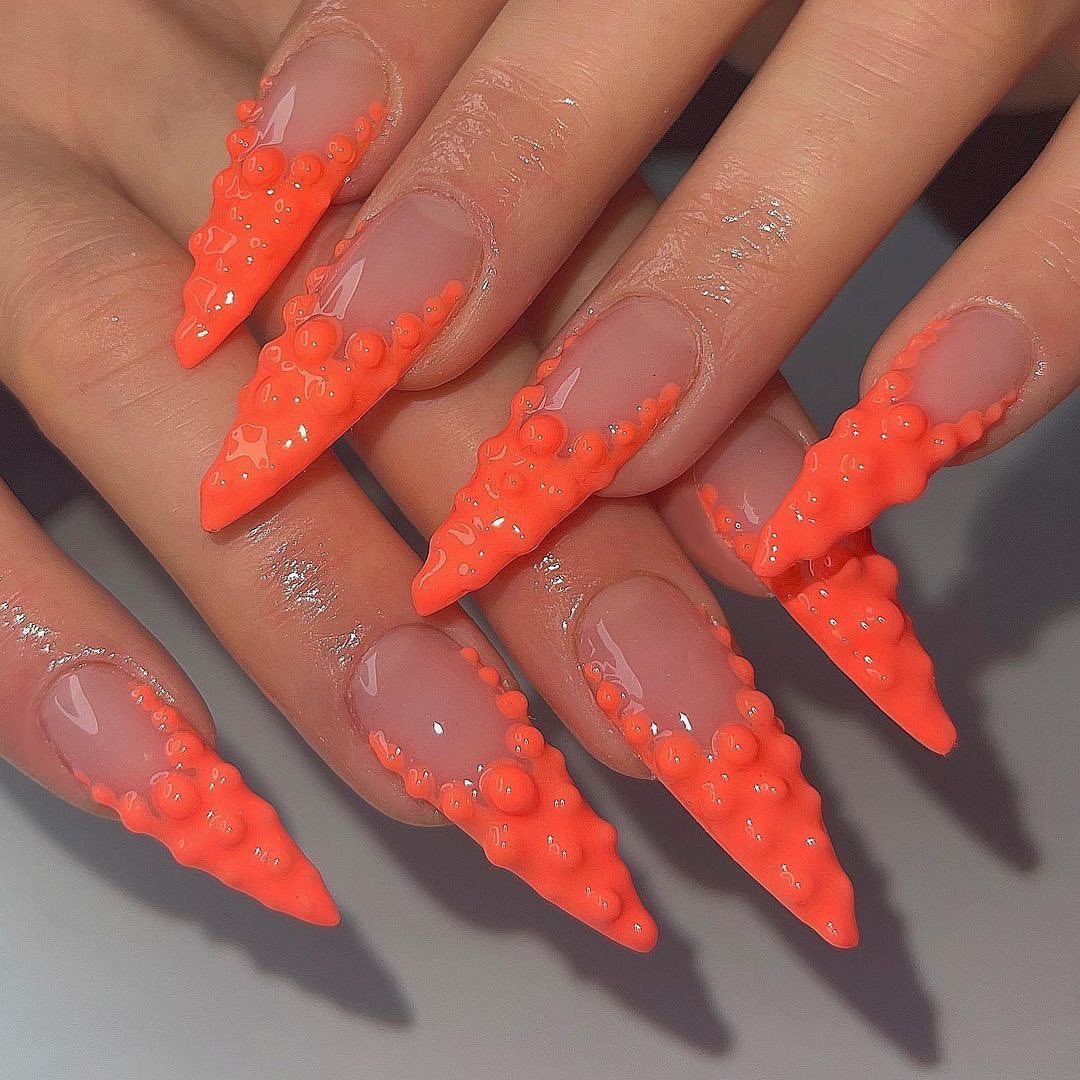 19. Neon Coral 3D Bubble Stiletto Nails - orange color nail ideas