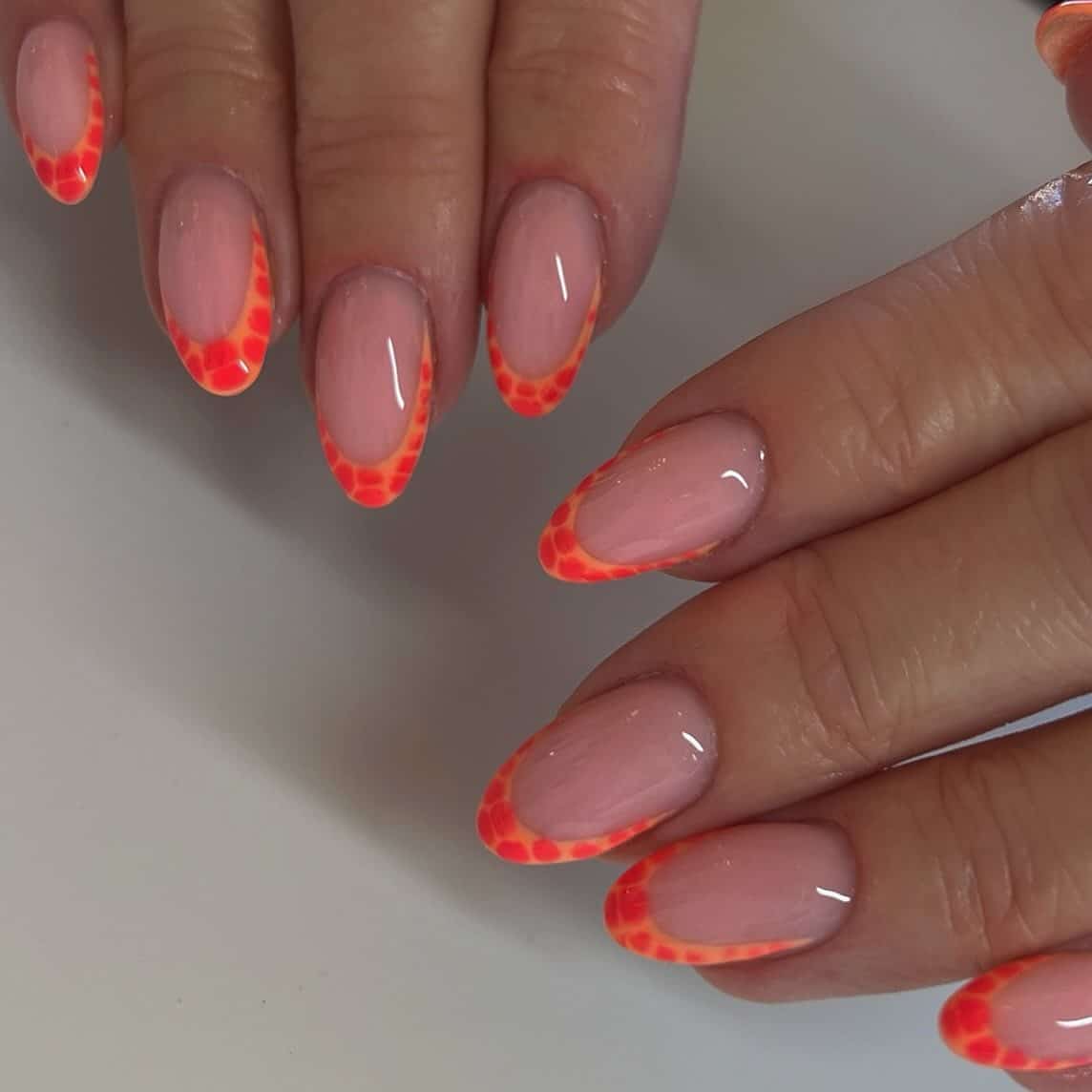 22. Neon Orange Bubble French Almond Nails - orange color nail ideas