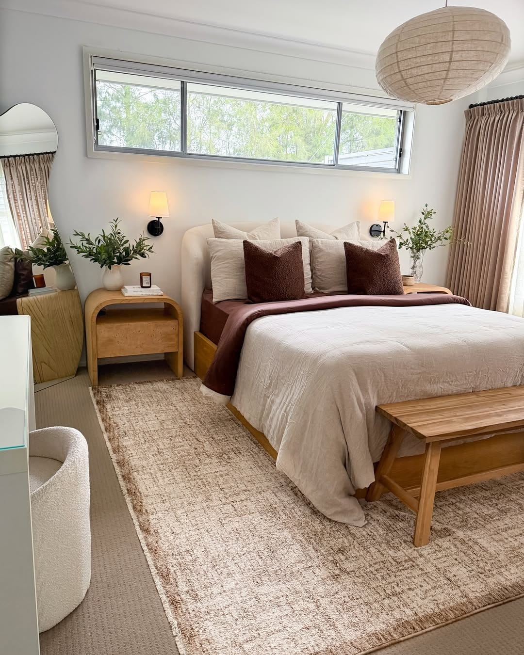 3. Warm Beige and Walnut Organic Modern Bedroom - relaxing bedroom ideas