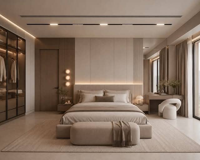 10. Minimalist Beige and Greige Contemporary Bedroom - relaxing bedroom ideas