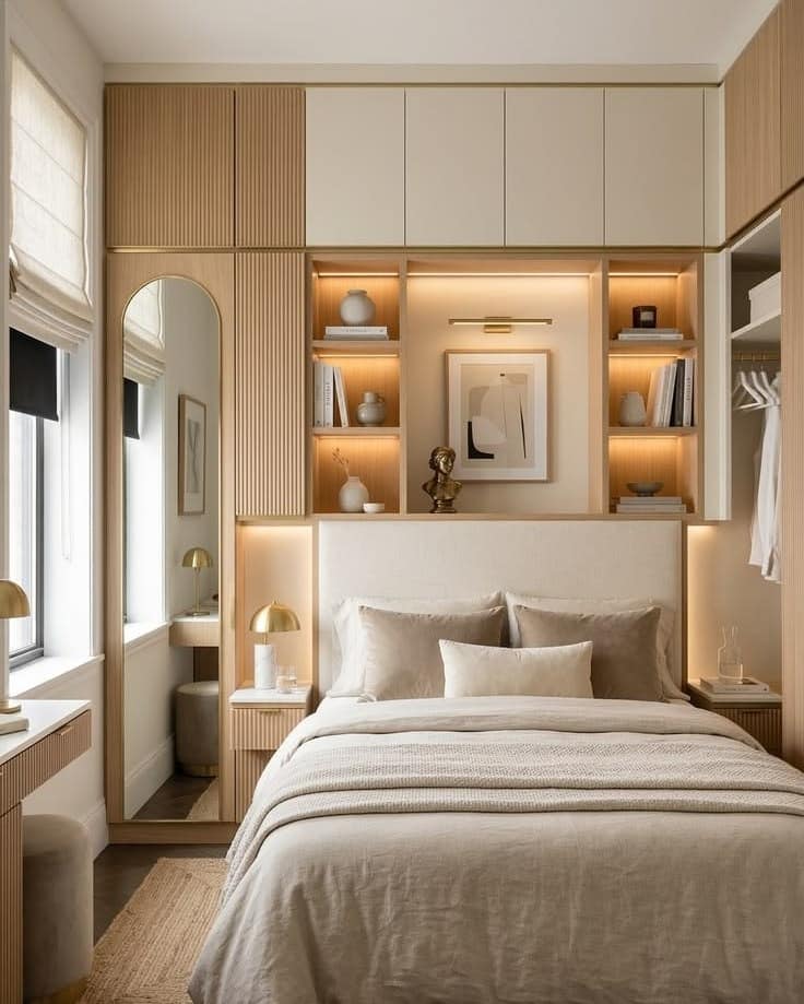 21. Warm Beige and Light Oak Built-In Bedroom Design - relaxing bedroom ideas