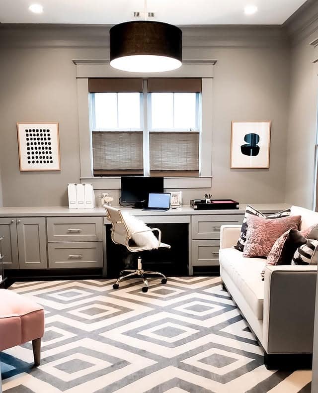 1. Soft Gray and Blush Garage Office with Built-In Storage - garage office ideas