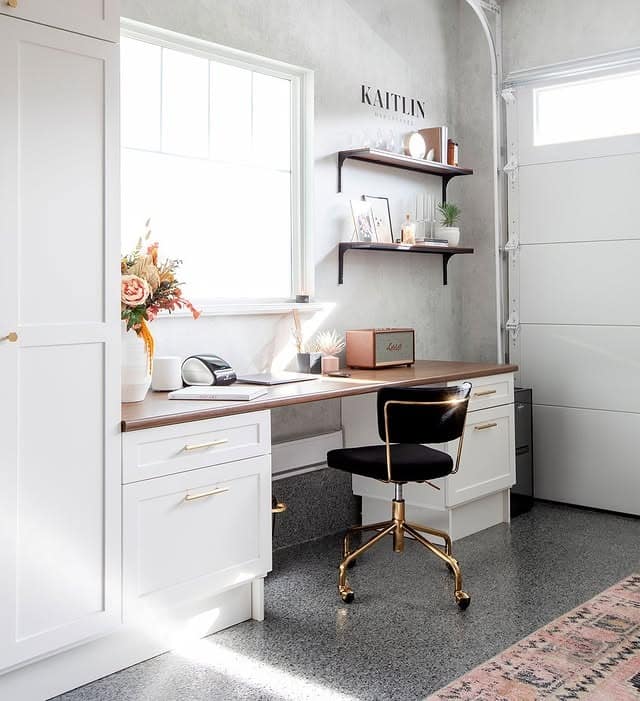 4. White and Charcoal Garage Office with Glam Accents - garage office ideas