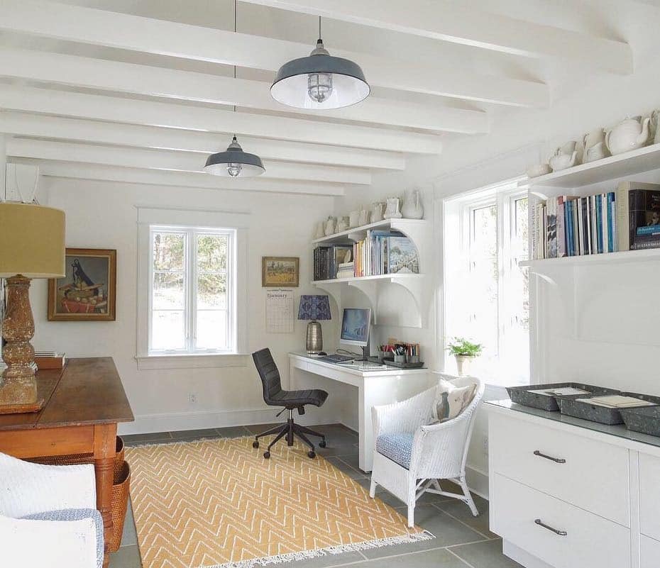 6. Classic White and Mustard Garage Office Library - garage office ideas