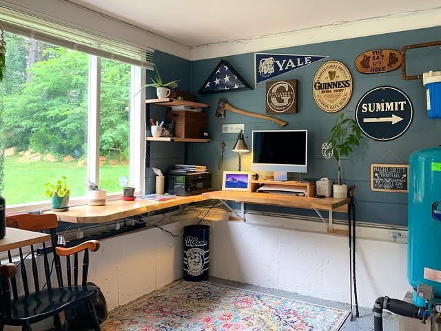 8. Navy Blue and Natural Wood Garage Office Workshop - garage office ideas