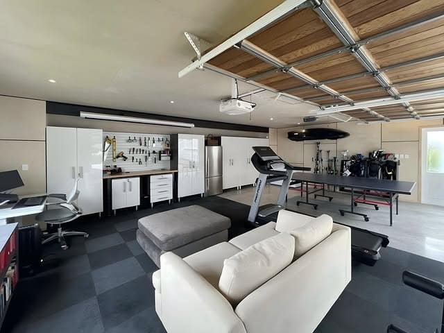 9. Black and White Multi-Purpose Garage Office Gym - garage office ideas