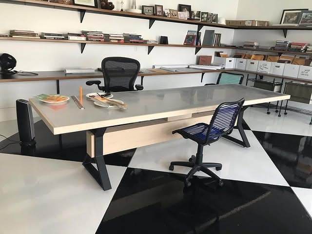 13. Charcoal and Wood Industrial Garage Office Studio - garage office ideas