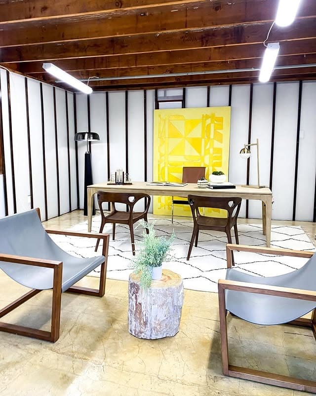 16. White, Walnut, and Yellow Modern Garage Office - garage office ideas