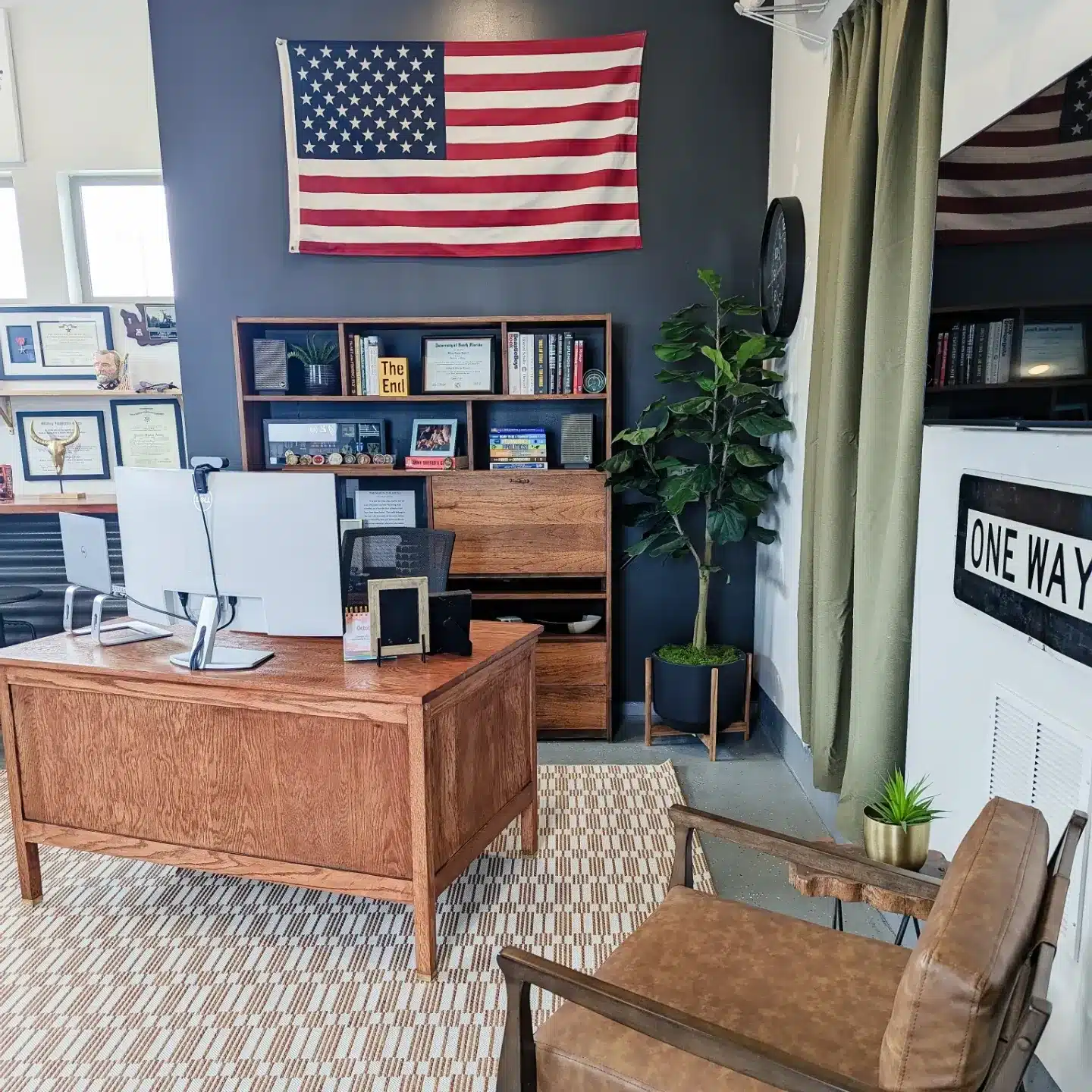 17. Navy Blue and Oak Executive Garage Office - garage office ideas