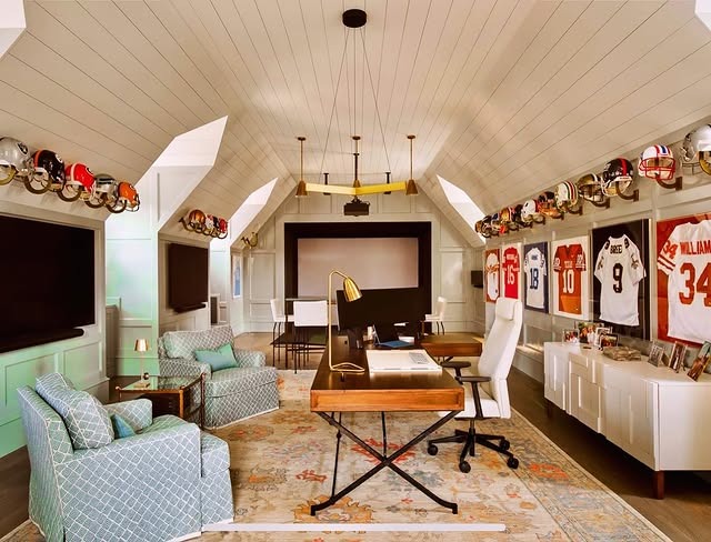 20. White and Walnut Sports-Inspired Luxury Garage Office - garage office ideas