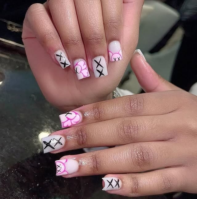 2. Pink Heart Graffiti Short Square Nails - short spring break nail ideas